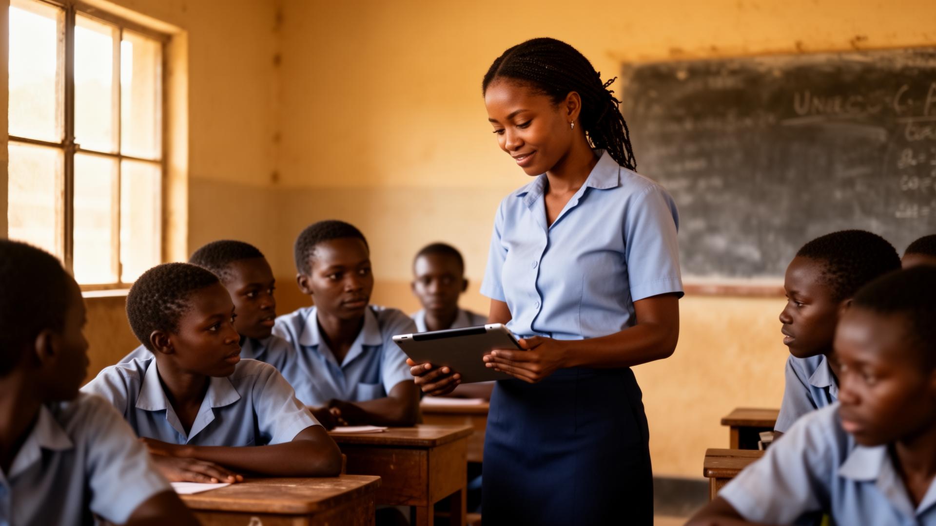 A teacher and her students working together with a tablet in a sunlit classroom.